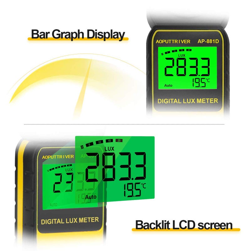AOPUTTRIVER Light Meters, AP-881D Lux Meter with Ambient Temperatureï¼ˆâ„ƒ/â„‰ï¼‰Measurer Light 0.01~400,000 Lux (0.01~40,000 FC), Luxmeter with 270Âº Rotated Sensor, Back Light, Data storag for Plants LED Indoor Lights - Image 5